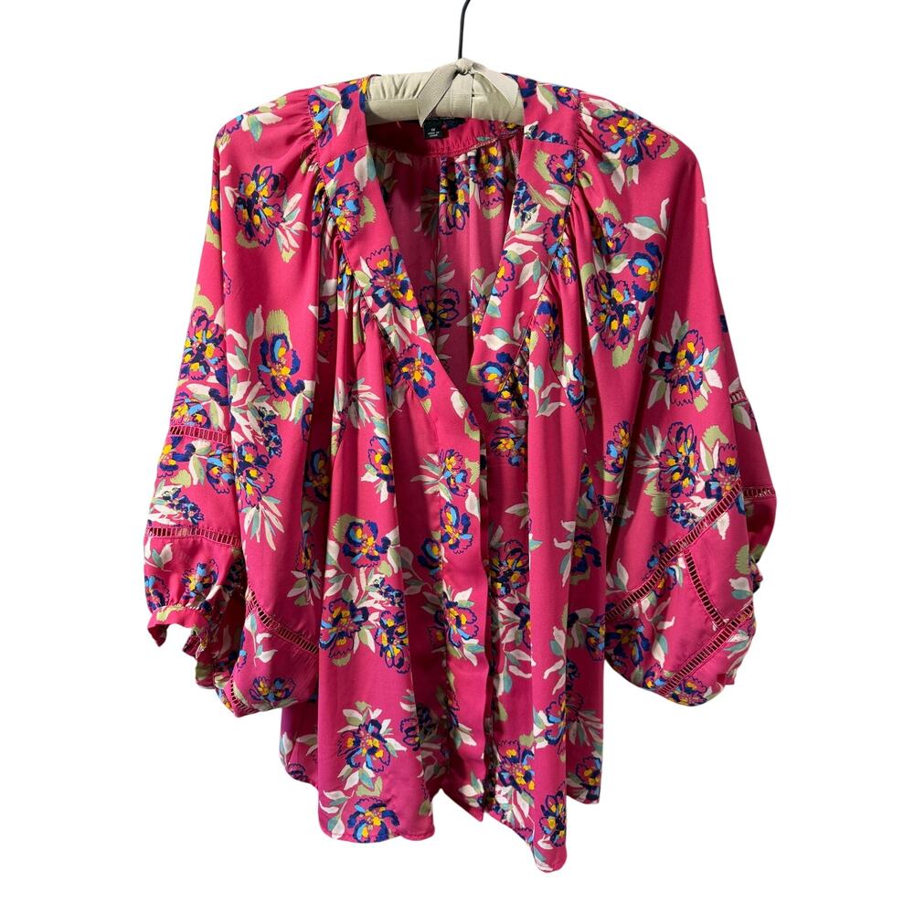 Zac & Rachel Blouse Pink Mulitcolor Floral Peasant Boho Balloon Sleeves Size 1X